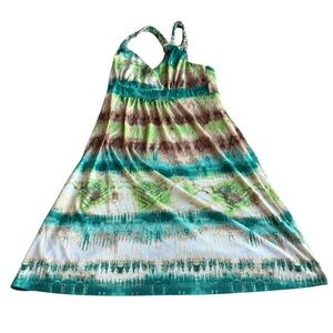 Mudd women’s Vacay V Neck Green‎ Brown Tropical Summer Strappy Mini Size M Dress